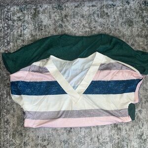 Striped V-Neck Top with Green Tee